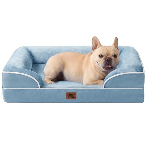 EHEYCIGA Cama cães médios 76 x 51 x 16 cm, cama de cães pequenos, impermeável, lavável com espuma viscoelástica, sofá cão removível, azul
