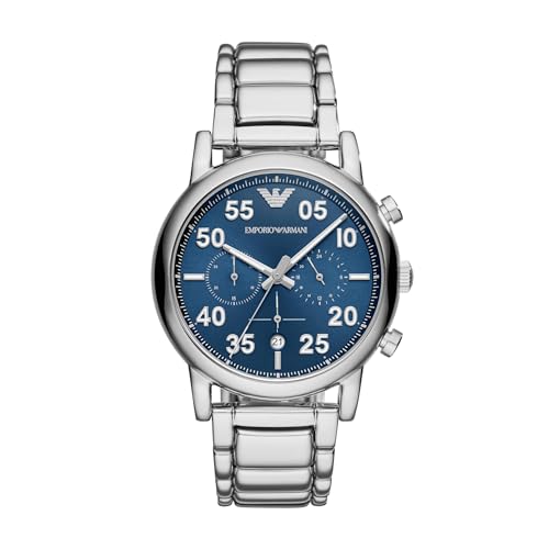 Emporio Armani Relógio para homem, movimento cronógrafo com 3 subesferas e caixa de 43 mm com correia de aço, pele ou silicone