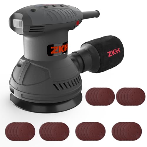 ZKH Lixadeira orbital de 350 W, 14000 RPM Motor de cobre puro, 6 velocidades, 125 mm lixadeira elétrica com coletor de pó, 30 unidades de discos de lixa(Grit 60/80/120/180/240/400) para M
