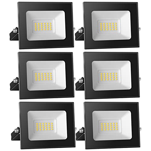 Probapro 20 W Focos LED para exteriores, 6 peças, projetor LED 2000 LM IP65, impermeável, 3000 K branco quente para jardim, pátio, garagem, terraço, holofote exterior de segurança com alta