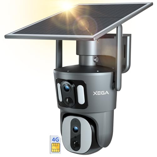 Xega 4G LTE Câmara de segurança sem fios para exteriores com lente dupla câmara de segurança solar 1080P HD visualização de 360° ecrã dupla visão noturna em cor áudio bidirecional IP66 TF/Cloud