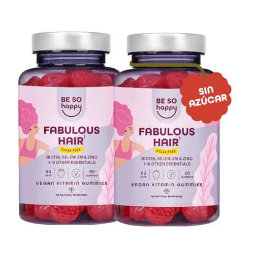 Gominolas para o cabelo com biotina6000 mcg, 120 dias, vitaminas para o cabelo com +10 componentes: Zinco, selénio e vitaminas A, B6, B12, C, D, E, sabor de morango, veganas, BeSoHappy®
