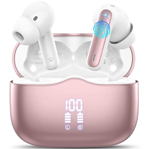 Auriculares sem fios Bluetooth, auriculares Bluetooth 5.4 com 40H HD estéreo redução de ruído 4 Mic, capacetes sem fios com ecrã LED, IP7 impermeável, carregamento rápido, ajuste confortável, ouro