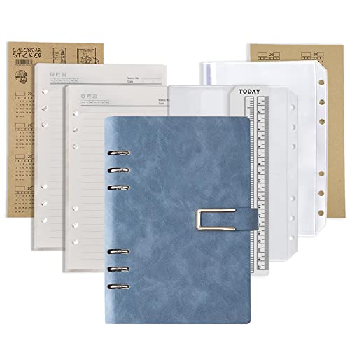 DY.2ten Conjunto de caderno A5 recarregável com capa, 6 orifícios de folha solta PU capa 87 folhas (174 páginas) de papel forrado 1 bolso A5 com fecho de correr 1 bolsa de armazenamento A5