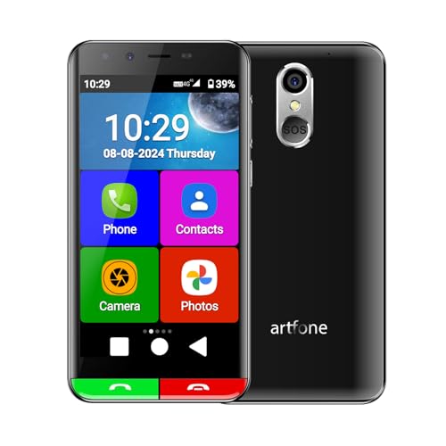 Telefone telemóvel para idosos, smartphone Artfone Smart_500, função SUS, ecrã de 5 polegadas, Android 12, câmara de 13 MP, USB-C, bateria de 2550 mAh, estação de carregamento preto, ícones grandes