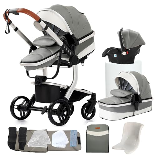 NADDLILY Carrinho de couro PU para bebé 3 em 1, carrinho de bebé com design portátil dobrável de um clique, carrinho de bebé 3 peças com empurrão reversível bidirecional, carrinho de bebé de 3 peças