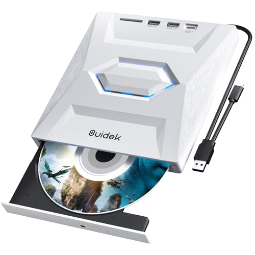 SUIDEK Unidade externa de CD e DVD para computador portátil, 5 em 1, ultra fina, portátil, USB-C CD+/-RW, leitor de DVD para computador portátil com leitor de cartões SD, USB 3.0 tipo C, hub para