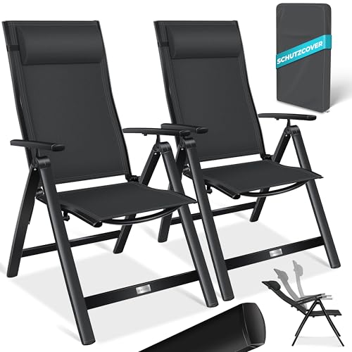 KESSER® Sedia da giardino com schienale alto, com braccioli, em allumínio, com cuscino, regolabile in 7 posizioni, resistente alle intererie, pieghevole, 2 unidades, preto