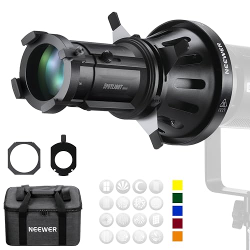 NEEWER Foco Snoot com lente de projeção de 20°, foco ajustável, 16 metal gobos 5 cores géis, saco, Snoot cónico para montagem Bowens LED de saída contínua luz de vídeo de estúdio até 300 W, LS-39