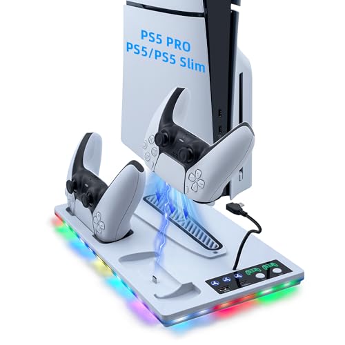 Tolesum Suporte para PS5 / Slim/Pro, ventilador de refrigeração de 3 velocidades, carregador de controlador para PS5 com indicador RGB, estação de carregamento PS5 Slim Digital/Disc Edition com 2 USB