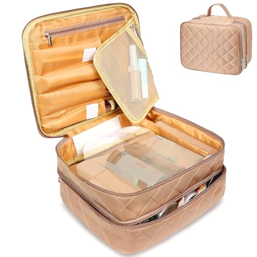 LEcylankEr Neceser maquilhagem mulher grande, precisa de viagem portátil de camada dupla, Makeup Bag do multi-compartimento, saco de higiene para mulher impermeável de grande capacidade, Castanho