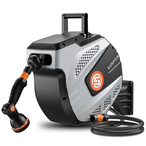 SUNPOW Enrolador de mangueira de jardim de 15 m + 1,5 m, mangueira de rolo com 10 modos de pulverização, retiração automática, bloqueio de comprimento, base de parede de 180 ° giratória