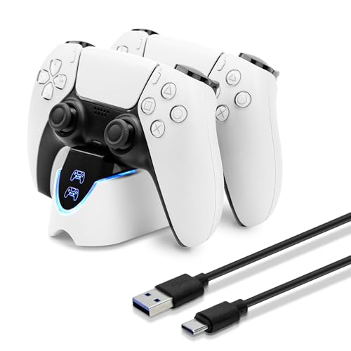 Mcbazel Estação de carregamento para controlador PS5, suporte de carregamento carregadores duplo rápido para Joysticks PS5 com ecrã LED compatível com drivers duplo Sense e PS5 Edge - branco