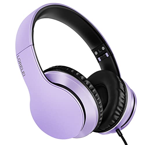 LORELEI X6 - Capacetes com microfone, leves, dobráveis, estéreo, baixos, cabo de 1,45 m sem emaranhados, auriculares com cabo para smartphone, tablet, MP3/4, roxo-preto
