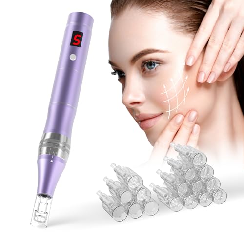 QUELLE Dermapen profissional, elétrico Dermapen facial com ecrã LCD e 5 níveis de velocidade inclui 16 cartuchos de substituição, 0-2,0 mm ajustável Microneedling Pen para cuidados com a pele