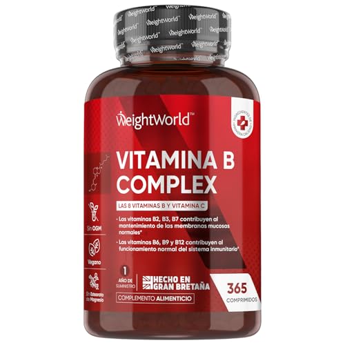 Vitamina B Complex com vitamina C 365 comprimidos veganos para 1 ano - complexo B completo com B1, B2, B3, B5, B6, B7 (biotina), B9 (ácido fólico) e B12