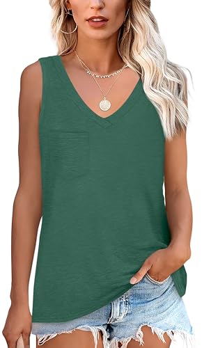NONSAR T-shirt básica de verão sem mangas para mulher. T-shirt elástica com decote em V e bolso, t-shirt interior confortável de estilo casual