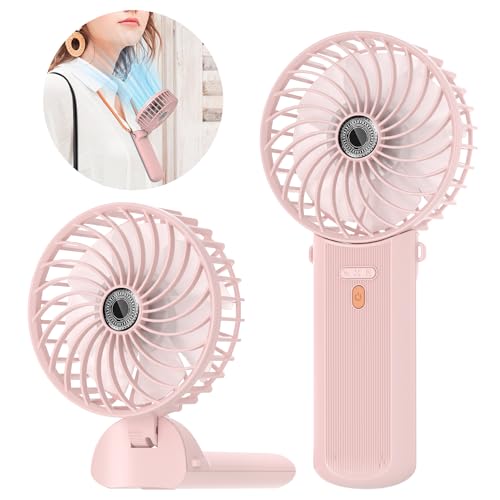 Lepwings Ventoinha de mão portátil, mini ventilador recarregável USB, 3 em 1 ventilador de mesa dobrável de 180° com cordão para pescoço, 4 velocidades e 5,5 - 16 horas de trabalho - rosa
