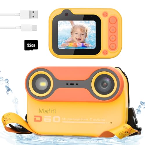 Mafiti Câmara digital impermeável para crianças. Câmara subaquática para mergulho e snorkel. Ecrã IPS de 2,4". Recarregável por USB. para vídeos e fotos aquáticas. Cartão de 32 GB incluído. (laranja)