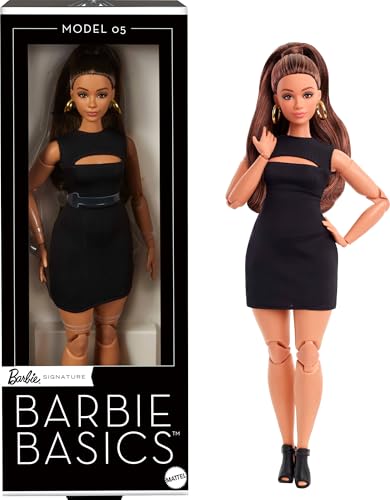 Barbie Basics Modelo 05 boneca de colecionador, minivestido preto e sapatos de salto, roupas intercambiáveis com outras bonecas, corpo articulado com figura curvilínea e cabeça intercambiável, JBH73