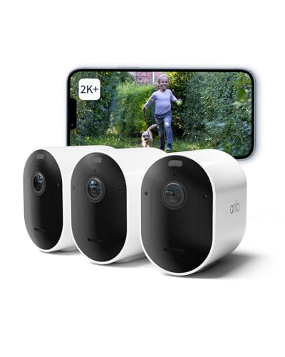 Arlo Pro 5 Câmara de vigilância WiFi exterior 2K, câmara de vigilância WiFi interior, sensor de movimento, alarme para casa, visão noturna cor, teste seguro incluído, 3 câmaras, brancas