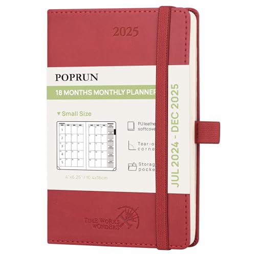 POPRUN Agenda 2025 mensal pequeno 16 x 10,5 cm, 18 meses de julho 2024 a Dez. 2025, Tampa branca, banda elástica, 100 GSM papel, Borgonha