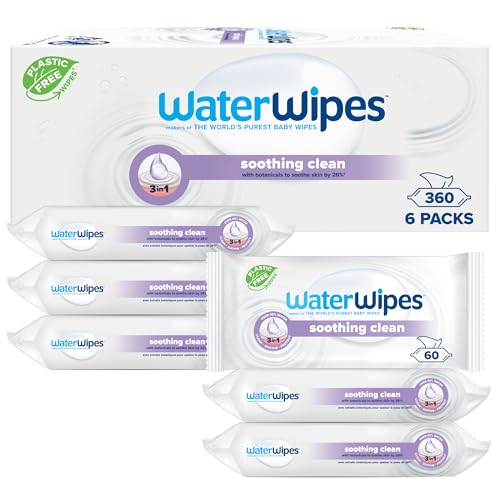 WaterWipes Limpeza calmante toalhas para bebé, 360 toalhetes (6 pacotes), com 99% de água e extratos botânicos, toalhetes húmidos para rosto e corpo