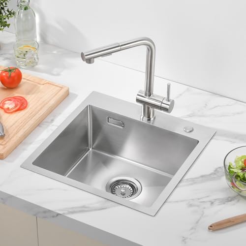 Lava-louça cozinha 1 seo, 45 x 45 cm, Auralum lava-louça cozinha em aço inoxidável, lava-louça sobre bancada ou embutido, lavatório cozinha com tampa, sifão e 2 furos de montagem