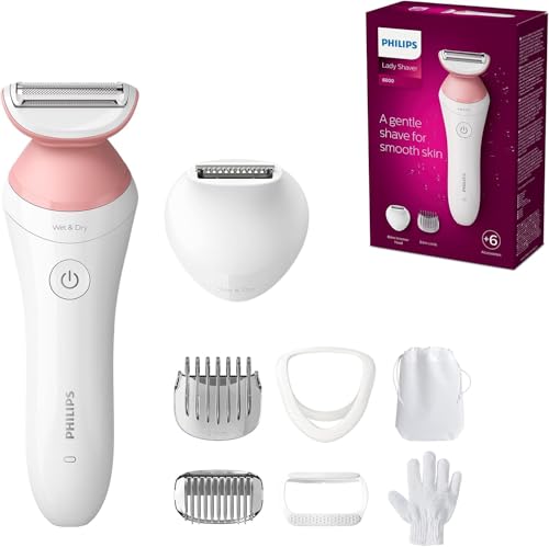 Philips Barbeador feminino série 6000, 6 acessórios, inclui perfilador de biquíni, luva esfoliante, pente guia e escova de limpeza, BRP146/00, branco