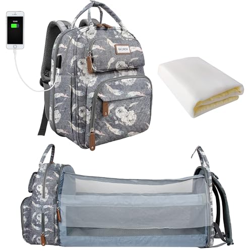 SNDMOR Fralda para bebé, mochila de carro multifuncional de 30 l, dobrável, mochila de fraldas com trocador e alça para carrinho, ideal para uso diário e viagens (penas)