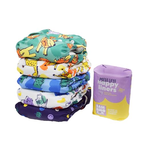 Bambino Mio, Pacote inicial de fraldas de tecido reutilizáveis: 5 fraldas ajustáveis 5 reforços de bambu e algodão 1 rolo de 100 protetores descartáveis, confiança