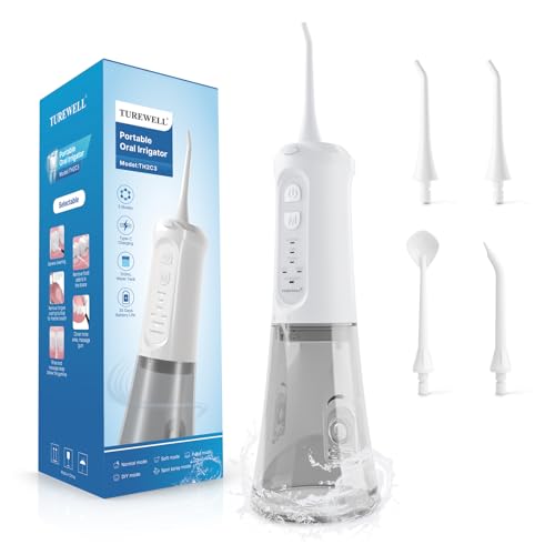 TUREWELL Irrigador bucal portátil de 310 ml com 5 modos, 4 bicos, irrigador dentário recarregável IPX7 impermeável para casa e viagens, melhora a saúde dentária