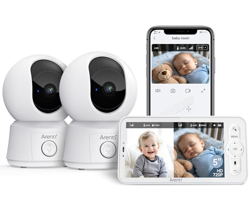 ARENTI Vigilância para bebés com 2 câmaras 1080P com ecrã de 5', câmara de vigilância bebé 355° PTZ, voz bidirecional, detecção de movimento e som, visão noturna, sensor temperatura, modo VOX