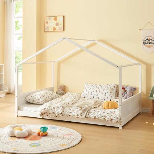 [en.casa] Cama para meninos e meninas estilo Montessori cama de criança com Sommier estrutura em forma de casa para descansar sonhar máximo. 180 kg madeira de pinheiro 120 x 200 cm - branco