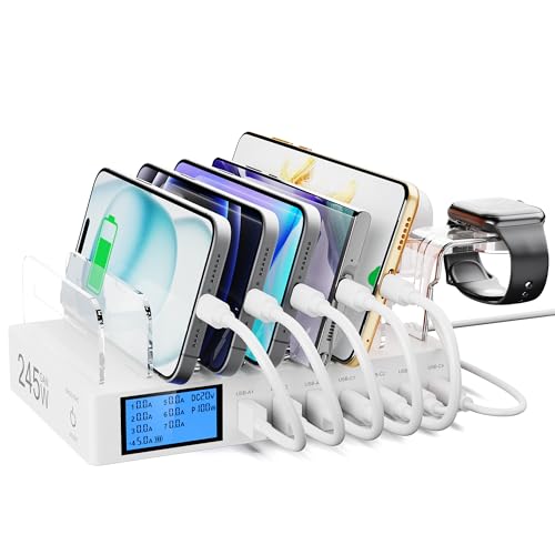 Sanicata Organizador de estação de carregamento USB de 245 W com um ecrã LCD e 7 portas, estação de carregamento carregador tipo C para MacBook Air, iPhone, iPad, Samsung ...branco (cabo de