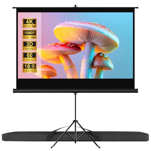 VISULAPEX 60" Ecrã projetor com tripé, 16:9 ecrã para projetor portátil ajustável com bolsa de transporte, tela de projetor cinema em casa Camping eventos reativos