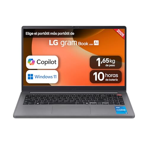 LG gram Book 15U50T-G.AA56B de 15 polegadas, Intel Core i5, 16 GB RAM, 512 GB SSD, painel IPS anti-reflexo, Intel Iris Xe Graphics, 1,650 kg, 10 horas, teclado prateado QWERTY espelhado añol