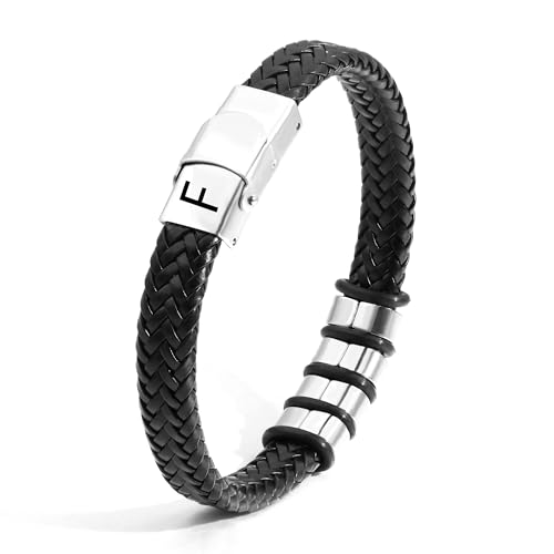 SAMINO Couro preto 26 pulseiras de aço inoxidável de primeira letra para homens pulseiras pendentes de letra A - Z pulseiras de tecido presentes para marido pai filho namorado tio