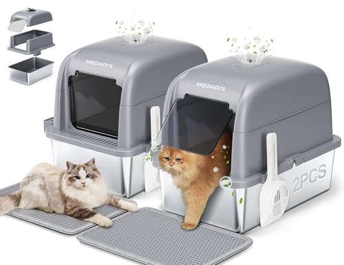 MeoWant 2 peças caixa de areia para gatos de aço inoxidável, areia gatos XXL com pá e esteira de camada dupla, sanita removível fechada em forma de U, caixa de carbono ativado oculta na parte superior