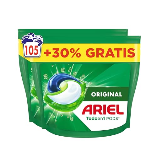Ariel Tudo em 1 PODS, detergente líquido para máquina de lavar 105 cápsulas/comprimidos, original, 5 ações para uma limpeza incrível, a embalagem pode variar