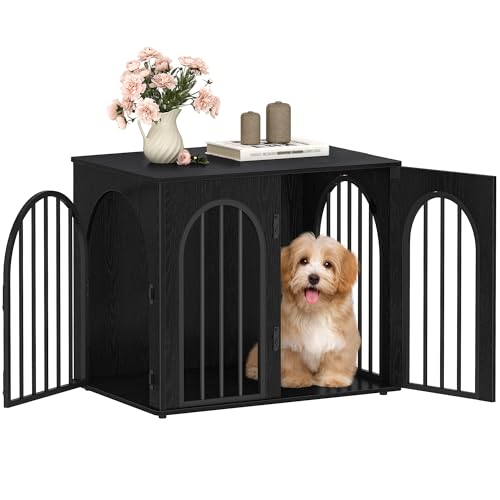 Hzuaneri 68 cm Gaiola para cães, mesa auxiliar, casa moderna para cães, gaiola de cão pequenos para casa de madeira, gaiola para cachorros, 3 portas, porta arqueada, 49 x 68 x 56 cm, preto