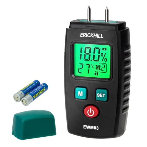 Medidor de humidade de madeira ERICKHILL, detetor de humidade tipo pin com 5 modos, ecrã LCD retroiluminado verde, detetores de humidade para madeira e materiais de construção.