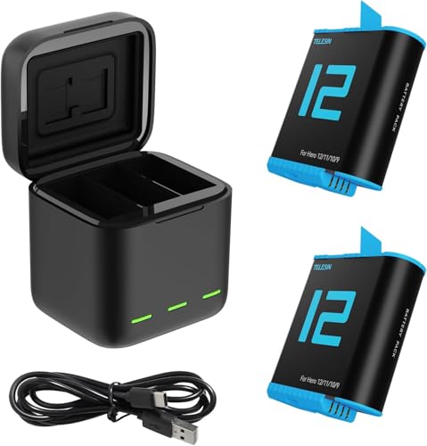 TELESIN Baterias para GoPro Hero 12 Hero 11/10/9 carregador, caixa de armazenamento de bateria com carregador de 3 canais com 2 baterias recarregáveis de iões de lítio para GoPro (carregador + 2