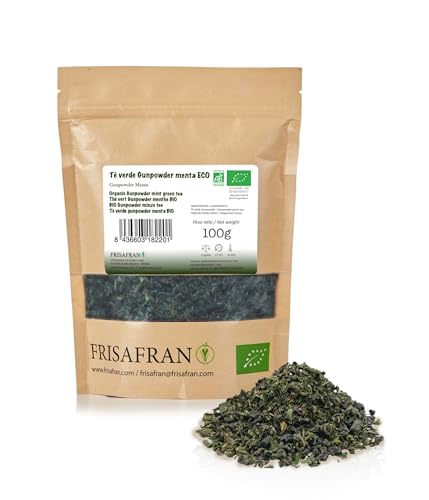 FRISAFRAN | Chá verde Gunpowder menta ecológica em massa de 100 g | antioxidante | chá verde japonês, digestivo, saudável | bebida refrescante | infusão de menta | chá puro, folhas de menta | quente -