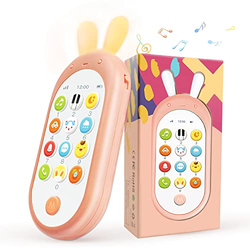 RICHGV Telemóvel de brinquedo para bebé, comando à distância com orelhas de coelho, telemóvel para crianças com luzes que piscam, sons e músicas (rosa).