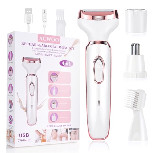 ACWOO Barbeadora elétrica para mulher, 4 em 1 USB recarregável elétrico depiladora sem dor, aparador feminino elétrico impermeável, máquina de barbear mulher para rosto, nariz, axilas, pernas, biquíni
