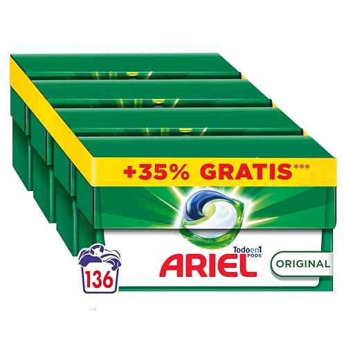 ARIEL PODS Tudo em 1 detergente máquina de lavar líquido em cápsulas/comprimidos, 136 lavagens 4 x (25 9), 5 ações de sabão para limpeza brilhante a frio, a embalagem pode variar