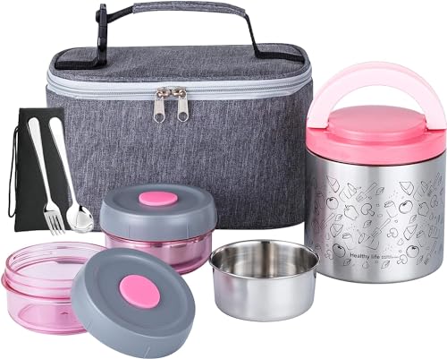 Lille Home Lunch Box Set 1065 ml, uma caixa bento/lanche isolada a vácuo que mantém os alimentos quentes, com 2 recipientes de alimentos sem BPA, lancheira e conjunto de talheres
