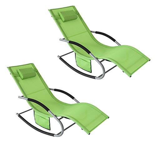 Conjunto de 2 espreguiçadeiras de jardim reclináveis, cadeiras ergonómicas de exterior, com almofada e bolsos laterais, tecido respirável, 150 kg, para praia, terraço, campismo e piscina OGS28-GRx2