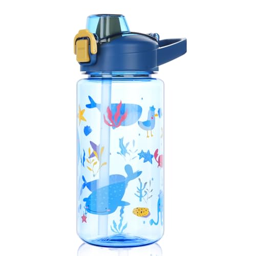 flintronic Garrafa de água para crianças e meninas, garrafas de água para crianças, garrafa de água para crianças, sem BPA, sem fugas, reutilizável, 600 ml, plástico, estrela do mar de erva de água